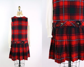 60s Plaid Pinafore / Holiday Dress / 60s Jumper / Tartan Plaid Dress / Red and Green Dress / Mod /Size XS/S