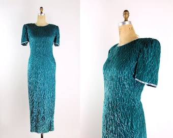 Vintage Turquoise Party Dress /  Holiday Party Dress / Cocktail Dress / Sequined Dress / 80s Sequined Beaded Maxi Dress/ Size S/M