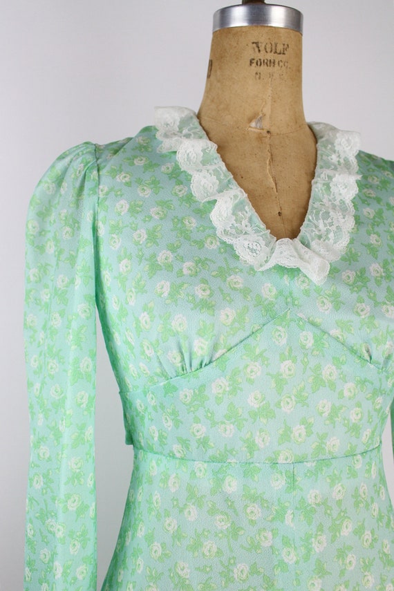 70s Green Floral Maxi Dres / Prairie Dress / Boho… - image 4