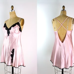 80s Frederick&#39;s of Hollywood Pink and Black Lace Mini Slip Dress / Open back slip dress / Size M/L
