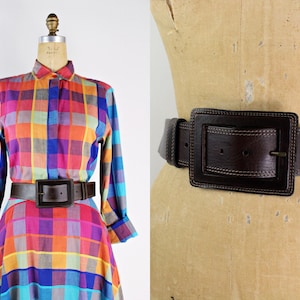 90s Oversized Buckle Brown Leather Belt / Vintage Rectangle Buckle Leather Belt / Size S/M / up to 35&quot; waist / Banana Republic Belt