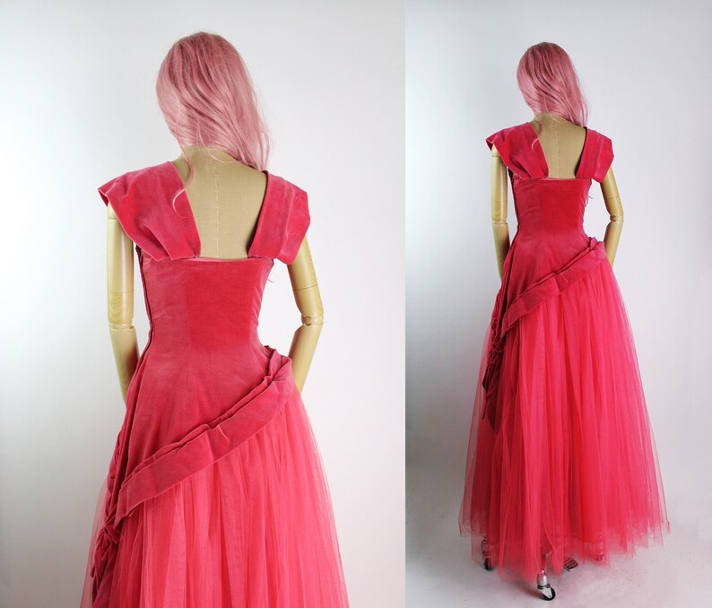 50s Red/Pink Cupcake Gown / Velvet Prom Dress / 50s Party Dress / Vintage Evening Gown /Size xxs.xs / FREE US SHIPPING image 3