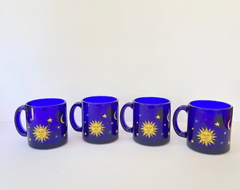 Vintage Zodiac cobalt blue mugs / Vintage Pair Libbey Cobalt Blue Glass Celestial Sun Moon Stars Mugs/ Pair of Mugs / Friends Mug/ USA