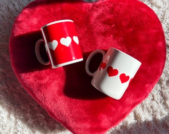 80s Red and white Heart Coffee mugs Set / Tea Mugs / Vintage Ceramic Mugs / Free US Shipping