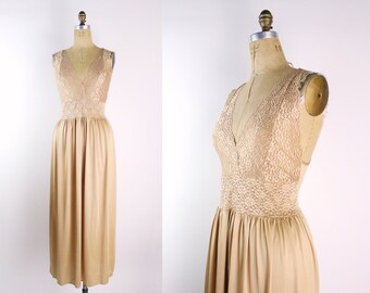 80s Vanity Fair Gold Slip Dress / Vintage Nightgown /Silky Lingerie / Lace Slip Dress / Plus Size / L/XL