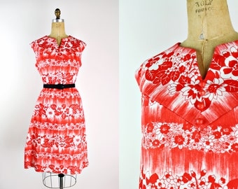 70s Red Floral Hawaiian Mini Dress / Red and White Dress / Summer Dress / 60s Mod hawaiian Dress / Size M/L