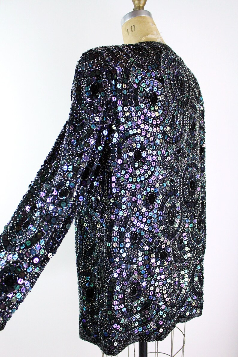 80s Sequined Black jacket / 80s Geometric Beaded Jacket / Party Jacket / Cardigan/ Size M/L image 5