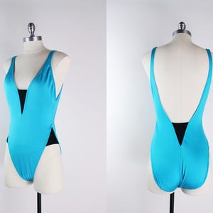 80s Turquoise and Black One Piece Swimsuit / 1980s Swimwear / Sirena /High cut Swimsuit / Vintage Bathing Suit /Size S/M