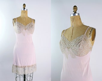 70s Pink and Beige Lace Mini Slip Dress / Wedding Lingerie / Size S/M