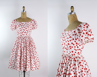 50s Polka Dots Dress / Fit and Flare Dress / Vintage Summer Dress / White and Red Polka Dots / Size XS/S