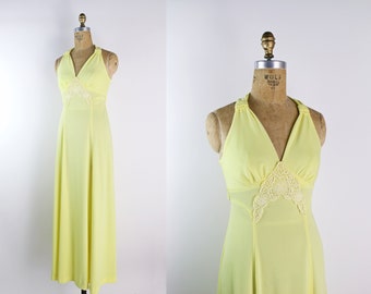 70s Yellow Maxi Dress / 70s Disco Maxi / Easter Dress / Size XS/S