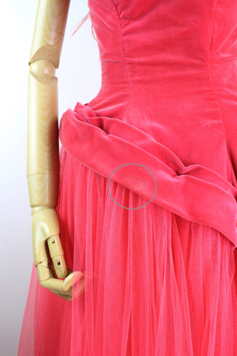 50s Red/Pink Cupcake Gown / Velvet Prom Dress / 50s Party Dress / Vintage Evening Gown /Size xxs.xs / FREE US SHIPPING image 10