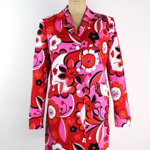 90s Pink and Red Flower Power Coat / 90s Cotton Jacket / Fuchsia Jacket /Size S/M image 7