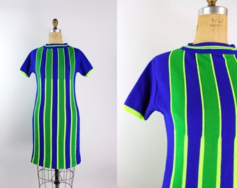 60s MOD Striped Mini Dress / Neon Dress / 1960s Dress / Sweater Dress / 60s Micro Dress / Size S/M