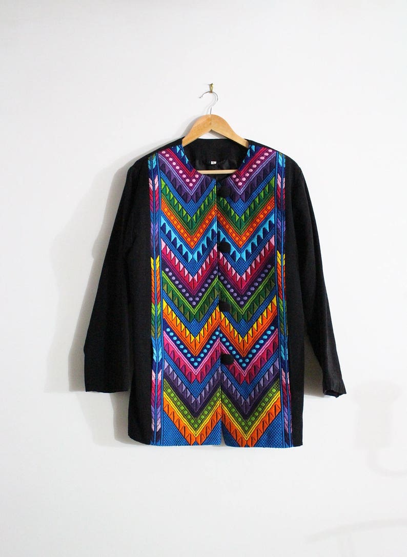 Vintage Guatemalan Jacket / Oversized Coat / Rainbow / Embroidered Jacket / Bohemian / Chevron Coat/ Ethnic Jacket / Size L image 10