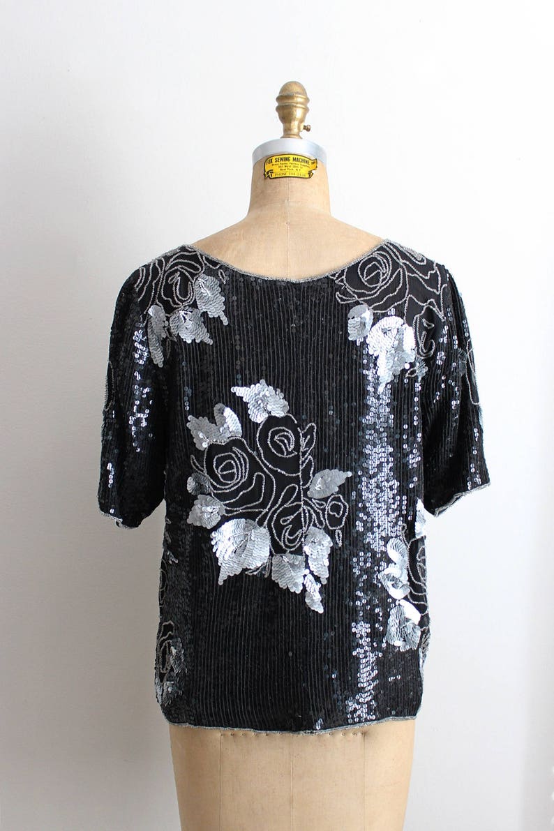 Vintage 80s Sequin Floral Top / Black and Silver Beaded Blouse - Etsy