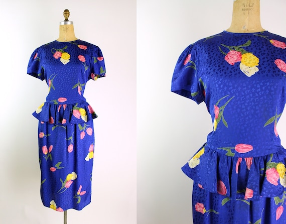 80s Tulips Blue Peplum Dress/ 1980s Dress / Color… - image 1