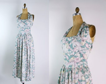 80s Seashells Halter Dress / 80s Maxi Dress / Nautical Dress /Seashell Dress/  Size M/L