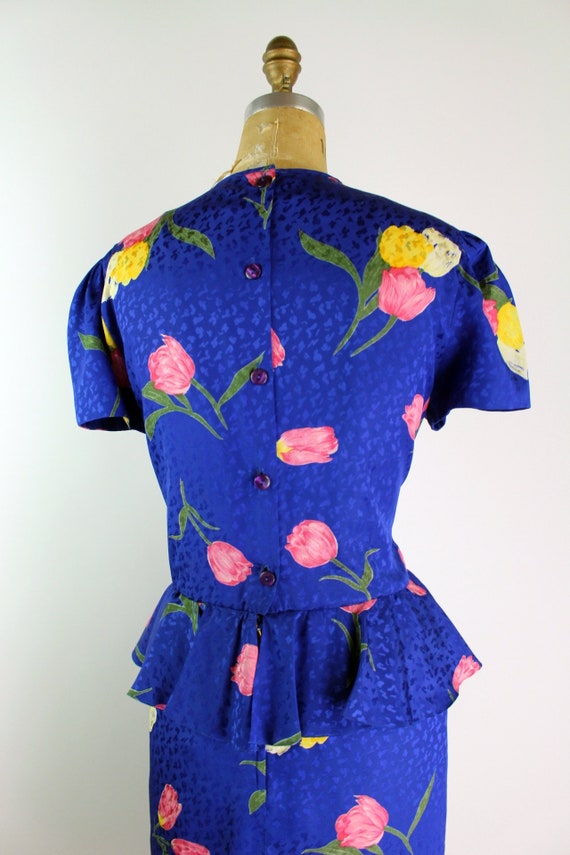 80s Tulips Blue Peplum Dress/ 1980s Dress / Color… - image 8