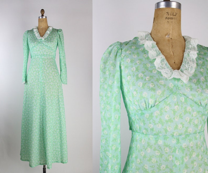 70s Green Floral Maxi Dres / Prairie Dress / Boho / 1970s / Size S/M image 1