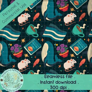 May include: A seamless pattern on a dark grid background featuring illustrations of blue whales, white mice, teal teacups with steam, potted purple flowers, and books titled Galaxy Guide Remain Calm, accented with orange stars and abstract shapes.