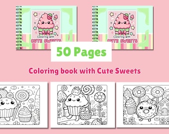 Libro da colorare di dolci per bambini / 50 pagine di dessert / Stampabile / Attività divertente per bambini, Kawaii