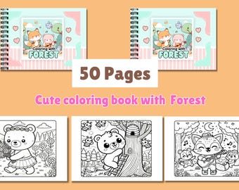 Coloring book with Forest, Printable coloring Pages, Digital Download, Illustrations for Adults and kids