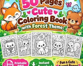 Coloring book with Forest, Printable coloring Pages, Digital Download, Illustrations for Adults and kids