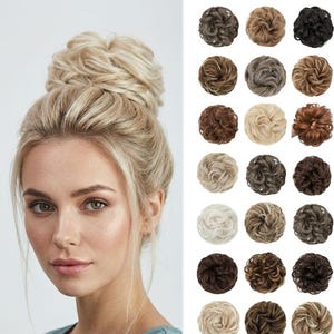 May include: A synthetic hair bun extension styled as a messy updo, shown on a model and in a grid of twenty-four varied colour options ranging from platinum blonde and light brown to dark black, auburn, and grey tones in a circular shape.