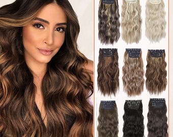 Wavy Clip In Hair Extensions 20" | 4 Pcs Voluminous Synthetic Hairpieces | Long Curly Wigs for Volume, Highlights & Ombre Look