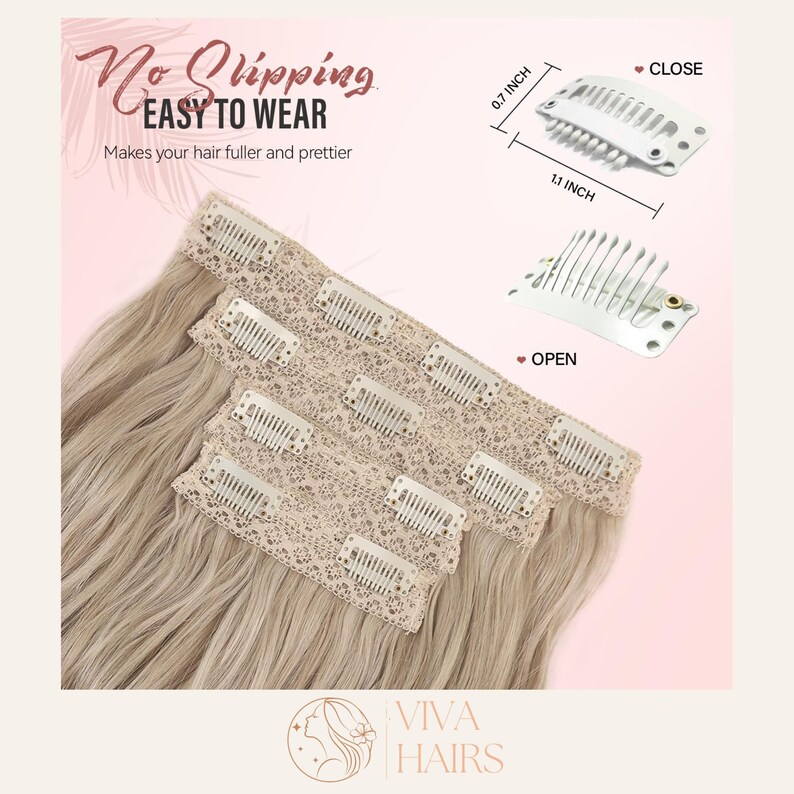May include: Hair extensions with clips, shown in a close-up view. The extensions are a light blonde color and have a lace trim. The image includes text that reads "No Clipping, EASY TO WEAR". The clips are 0.7 inches and 1.1 inches.