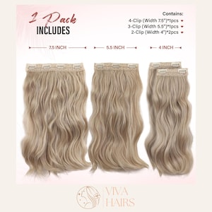 May include: A pack of wavy, light blonde hair extensions. The pack includes three different clip-in wefts: one 7.5-inch wide with four clips, one 5.5-inch wide with three clips, and two 4-inch wide with two clips. The text "1 Pack INCLUDES" is at the top.