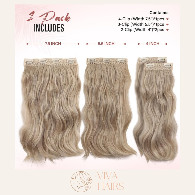 May include: A pack of wavy, light blonde hair extensions. The pack includes three different clip-in wefts: one 7.5-inch wide with four clips, one 5.5-inch wide with three clips, and two 4-inch wide with two clips. The text "1 Pack INCLUDES" is at the top.