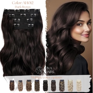 May include: Dark brown clip-in hair extensions with multiple clips. The image shows the extensions and a woman with dark brown wavy hair. The text at the top says "Color: AH012 Dark Brown". The bottom of the image shows multiple color options.