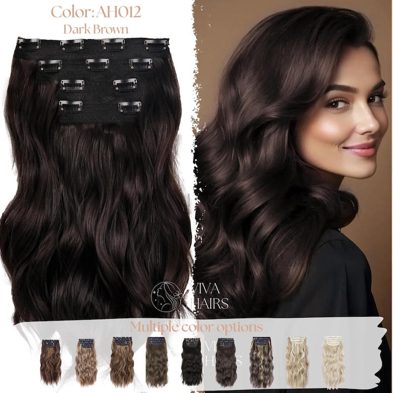 May include: Dark brown clip-in hair extensions with multiple clips. The image shows the extensions and a woman with dark brown wavy hair. The text at the top says "Color: AH012 Dark Brown". The bottom of the image shows multiple color options.