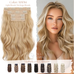 May include: Light blonde clip-in hair extensions with wavy texture. The extensions are a mix of light blonde and beige blonde, with the color code AH014. The image also shows a woman with long, wavy blonde hair and multiple color options.
