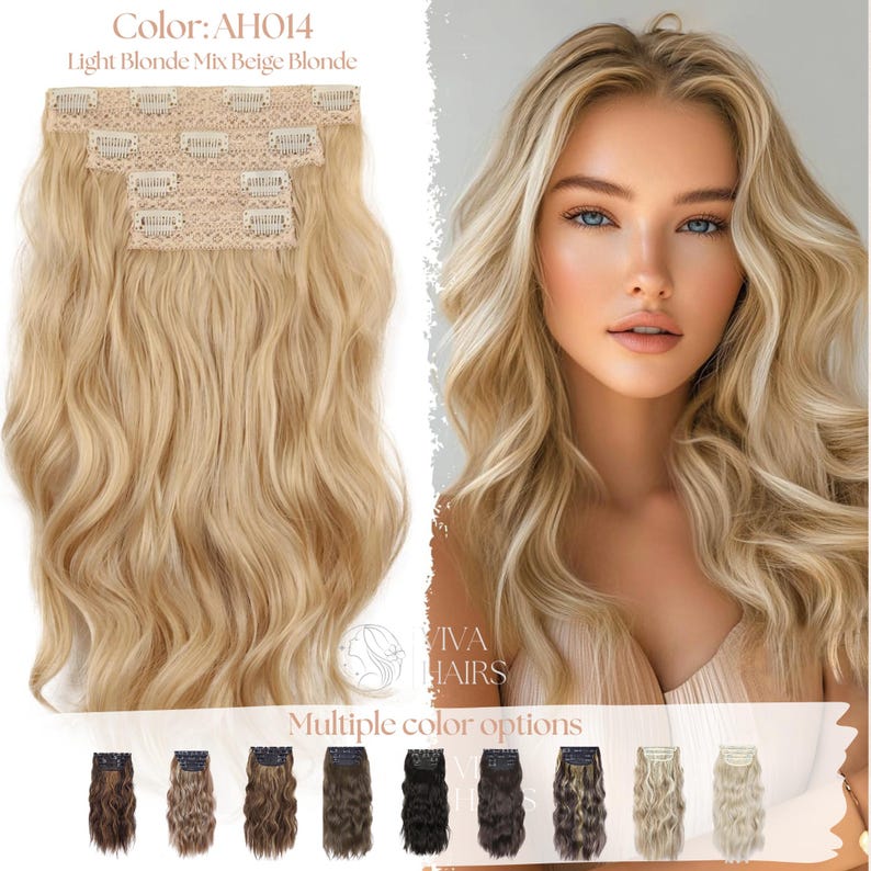 May include: Light blonde clip-in hair extensions with wavy texture. The extensions are a mix of light blonde and beige blonde, with the color code AH014. The image also shows a woman with long, wavy blonde hair and multiple color options.