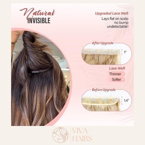 May include: A hair extension product comparison. The image shows a close-up of hair extensions, with text indicating an "Upgraded Lace Weft" that lays flat on the scalp. The "After Upgrade" weft is 1 inch, while the "Before Upgrade" weft is 1.4 inches.