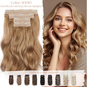 May include: Dark blonde clip-in hair extensions with beige highlights. The extensions are shown with a woman with similar hair. The text reads "Color: AHO10 Dark Blonde with Beige Blonde Highlights" and "Multiple color options".
