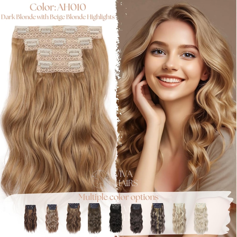 May include: Dark blonde clip-in hair extensions with beige highlights. The extensions are shown with a woman with similar hair. The text reads "Color: AHO10 Dark Blonde with Beige Blonde Highlights" and "Multiple color options".