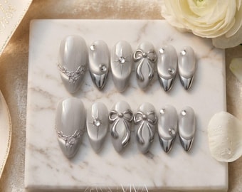 Silver Cat Eye & 3D Chrome Press On Nails | Luxury Coquette Almond Gel Nails | Elegant Handmade Silver Velvet Manicure