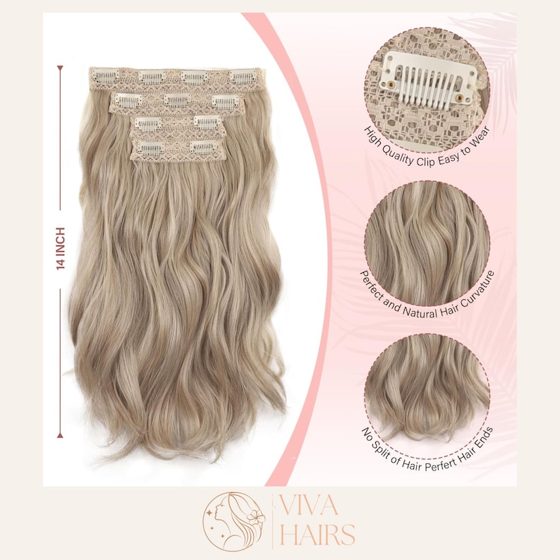 May include: Blonde wavy hair extensions with clips, measuring 14 inches. The image highlights the quality of the clip, natural hair curvature, and the absence of split ends. The brand name "VIVA HAIRS" is visible at the bottom.