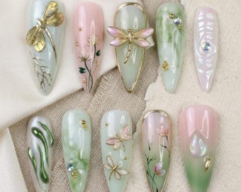 Mint and Pink 3D Dragonfly Press On Nails | Luxury Long Stiletto Whimsical Nature Gel Nails | 3D Gold Chrome Marble Handmade Nail
