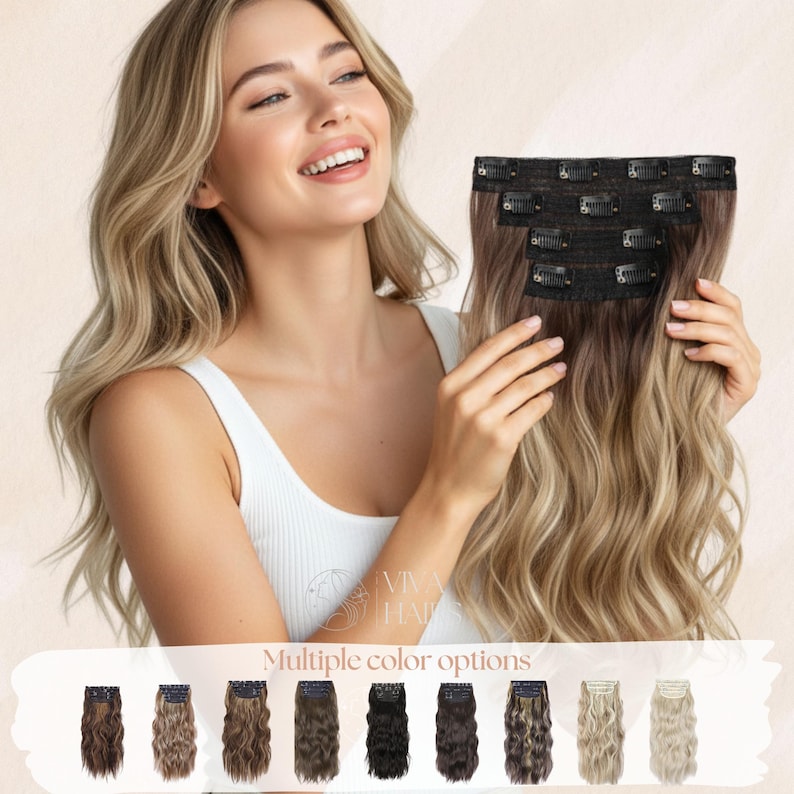May include: A woman holding a set of clip-in hair extensions with wavy, ombre hair. The extensions transition from dark brown to light blonde. Below, a row of color options is displayed, with the text "Multiple color options".