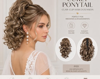 Bridal Curly Claw Clip Ponytail Extension, Wedding Hair Piece for Bride, 12" Clip In Ponytail for Engagement, Bridal Shower