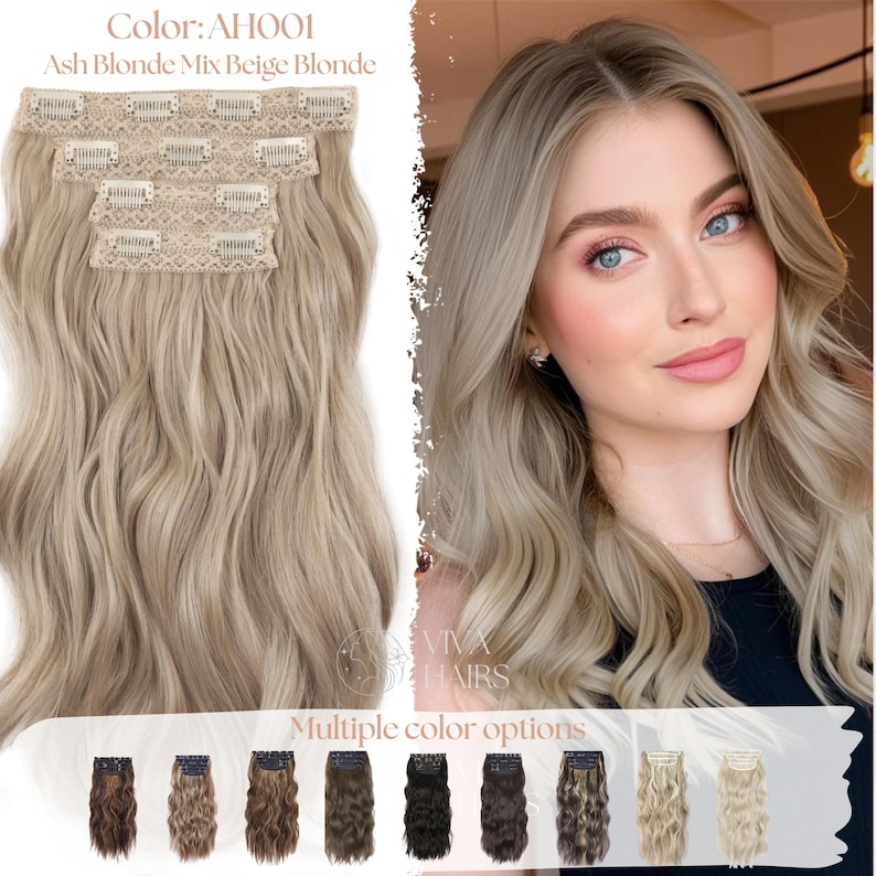 May include: Clip-in hair extensions in Ash Blonde Mix Beige Blonde. The extensions are shown with multiple color options. The image also shows a woman with long, wavy blonde hair. The text on the image says "VIVA HAIRS" and "Multiple color options."