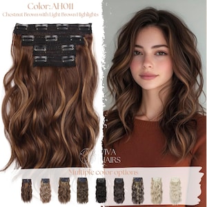 May include: Chestnut brown clip-in hair extensions with light brown highlights. The extensions are wavy and have multiple clips for easy attachment. The image also shows a woman with similar hair color and style. The text reads "Color: AH011 Chestnut Brown with Light Brown Highlights."