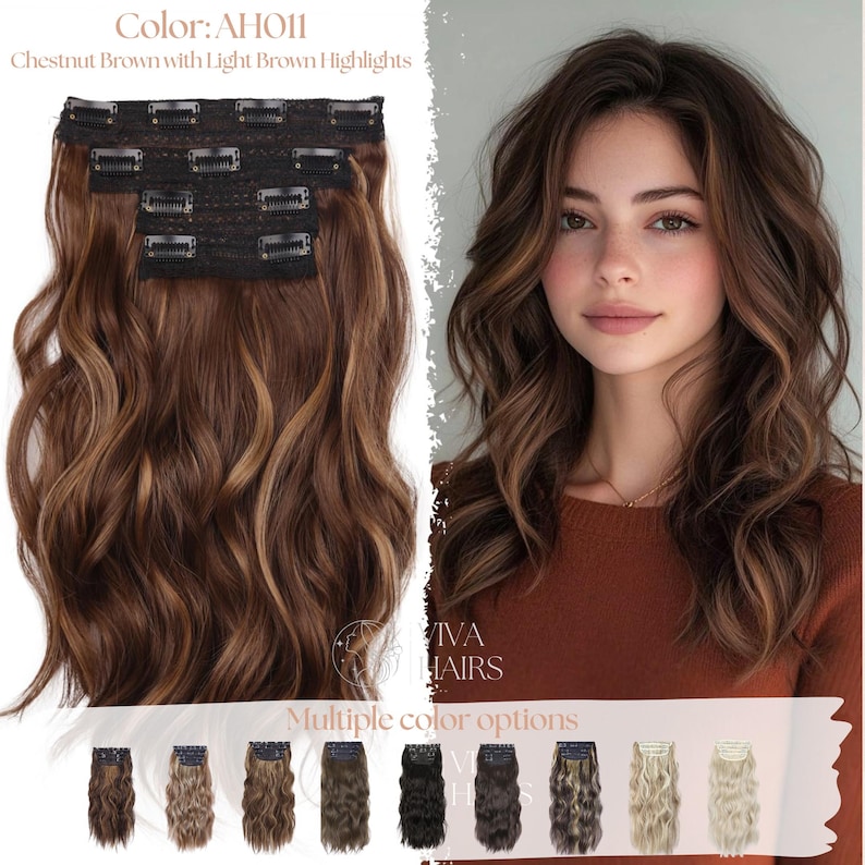 May include: Chestnut brown clip-in hair extensions with light brown highlights. The extensions are wavy and have multiple clips for easy attachment. The image also shows a woman with similar hair color and style. The text reads "Color: AH011 Chestnut Brown with Light Brown Highlights."