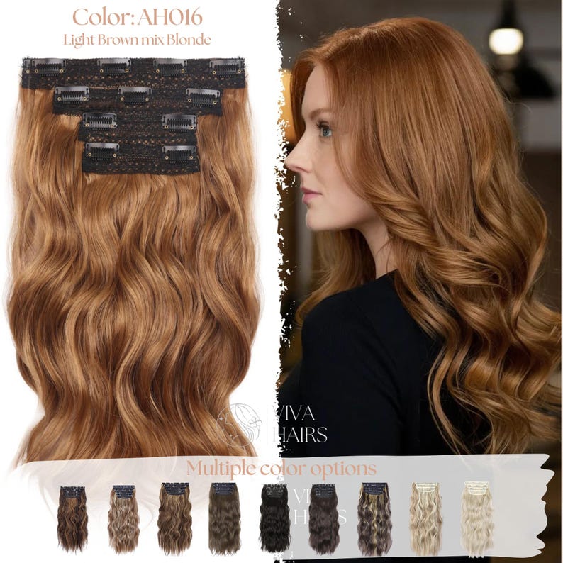 May include: Light brown mix blonde clip-in hair extensions with wavy texture. The extensions are shown with multiple color options. The color code is AH016. A woman with long, wavy, light brown hair is shown on the right.
