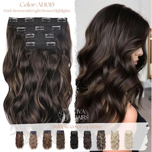 May include: Dark brown clip-in hair extensions with light brown highlights. The extensions are wavy and shown with a model with similar hair. The text "Color: AH015 Dark Brown with Light Brown Highlights" is visible. Multiple color options are shown below.